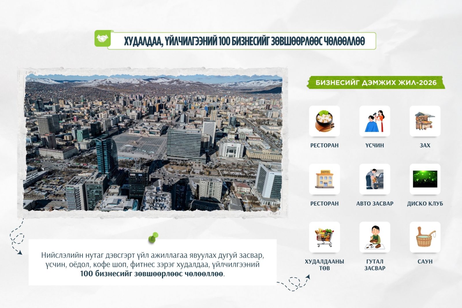 Нийслэлд үйл ажиллагаа эрхлэх 100 үйлчилгээнд зөвшөөрөл шаардахгүй